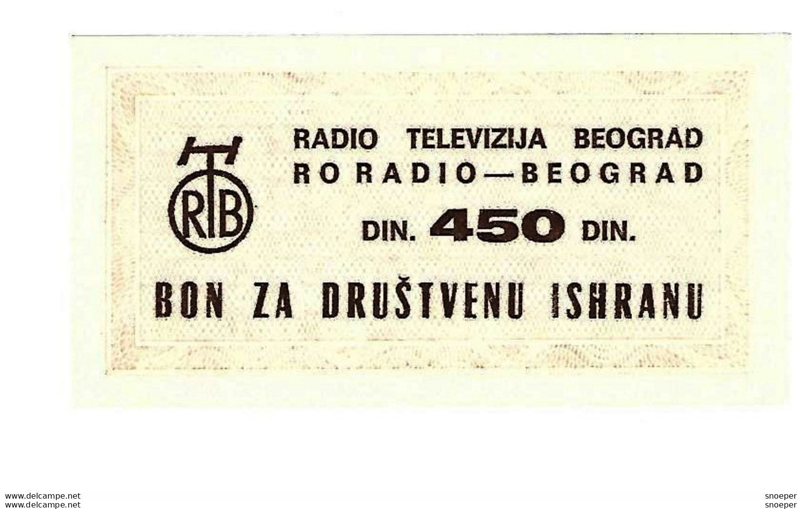 *serbia Beograd Radio & Tv Foodbon 450 Dinara  S36  Unc - Serbie