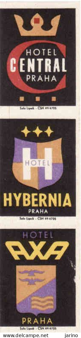 Czechoslovakia - Czechia 4 Matchbox Labels - Prague Hotels Centrál, Hybernia, AXA - Boites D'allumettes - Etiquettes