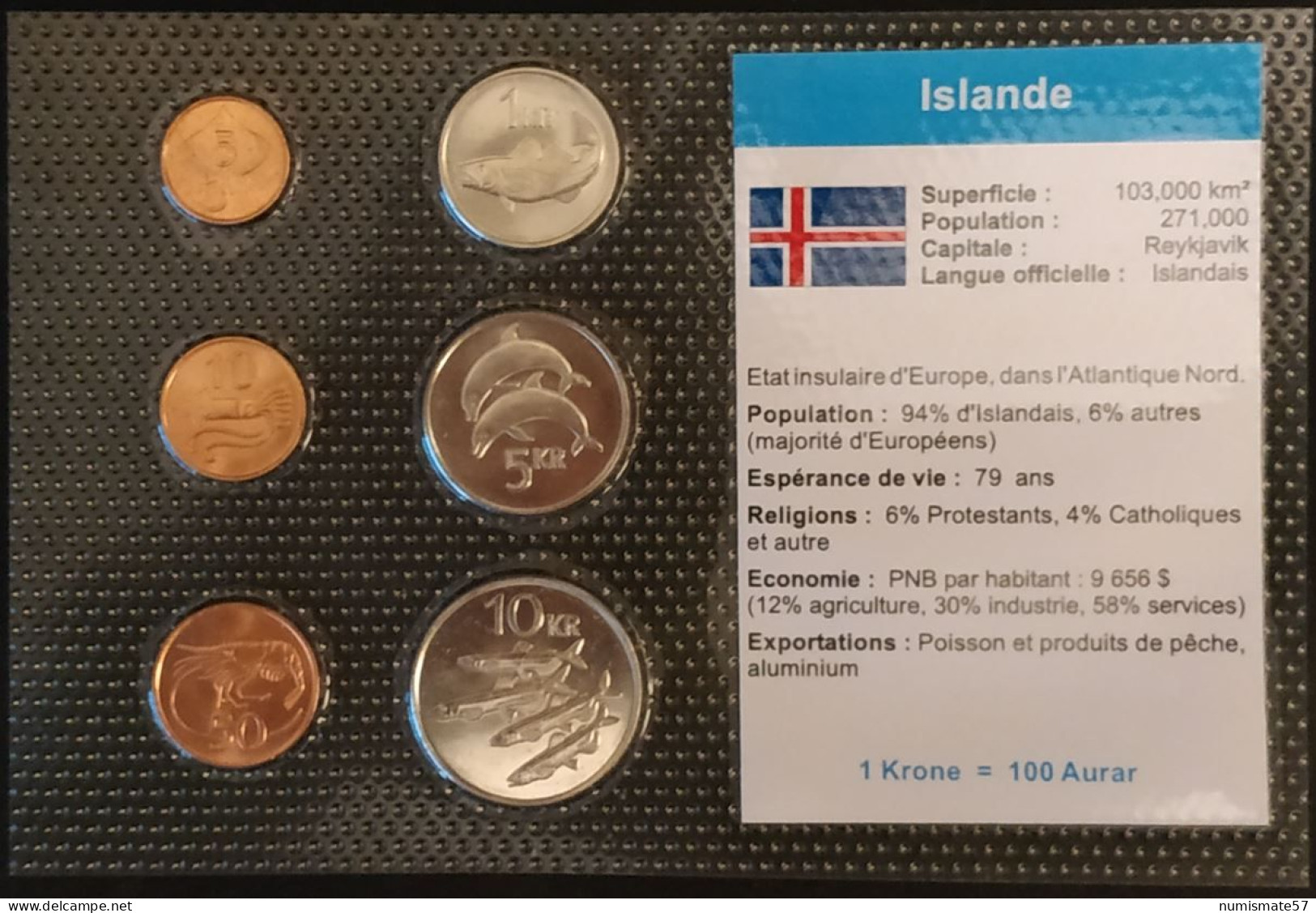 ISLANDE - ICELAND - SERIE DE 6 PIECES DIFFERENTES - 1 - 5 - 10 - KRONA - KRONUR 5 - 10 - 50 AURAR - Islande
