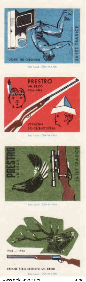 Czechoslovakia - Czechia 4 Matchbox Labels - PRESTRO Uherský Brod - 30 Year Production Of Rifles, Deer, Bird - Boites D'allumettes - Etiquettes