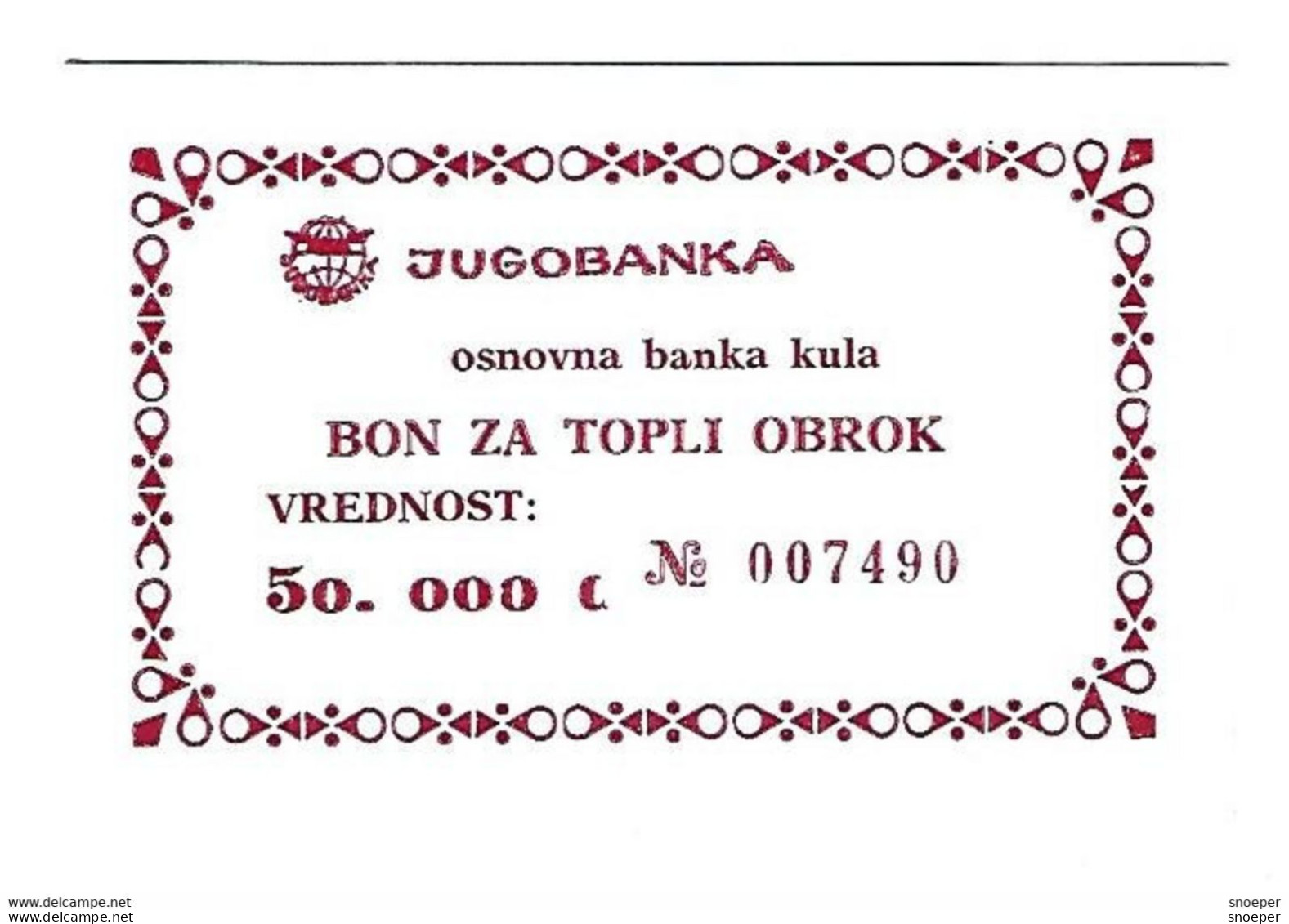 *serbia Kula Jugobanka Bon Hot Meal 50000 Dinara  S53  Unc - Serbia