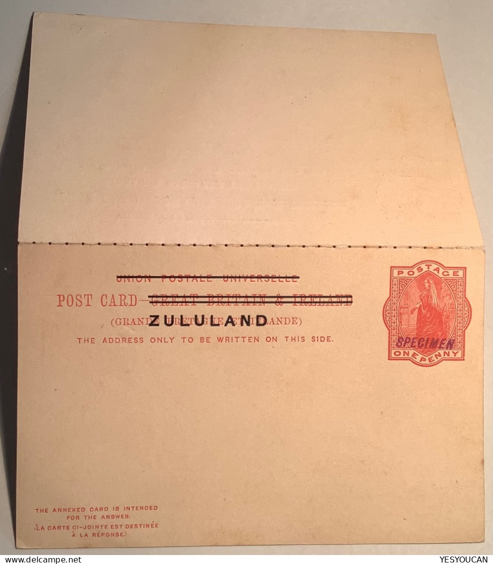 Rare NATAL UPU "SPECIMEN" On Zululand 1893 Queen Victoria 1d+1d Paid Reply Postal Stationery Card (South Africa GB - Zululand (1888-1902)