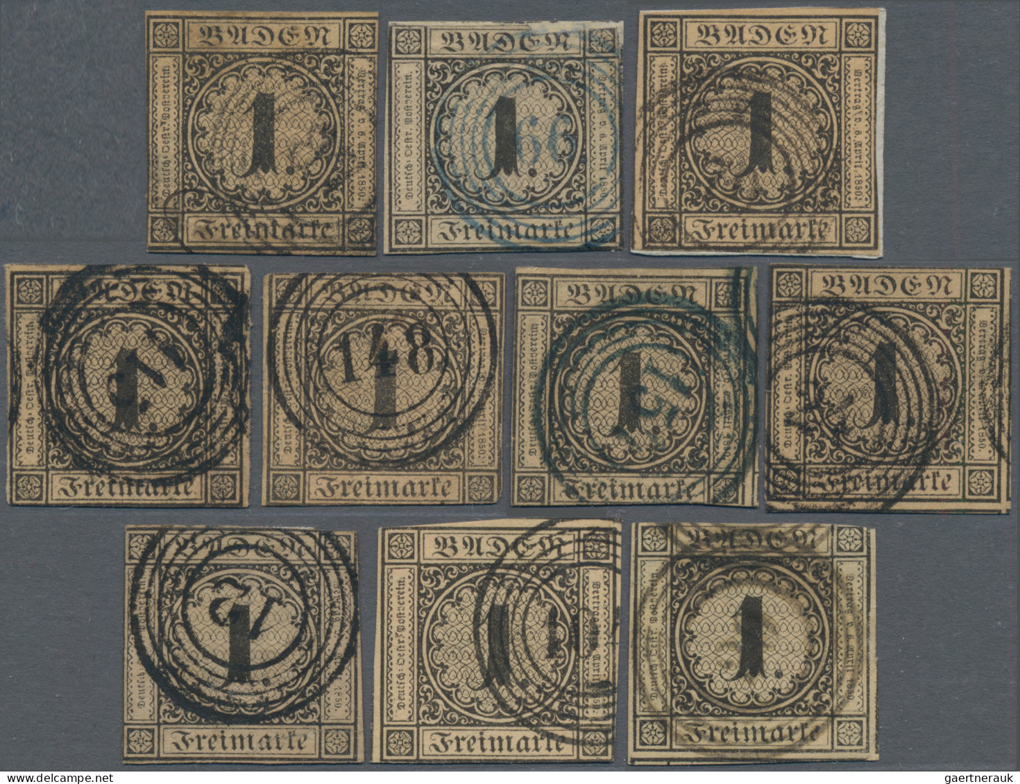 Baden - Marken Und Briefe: 1851, 1 Kr. Schwarz Auf Bräunlich, Zusammenstellung V - Sonstige & Ohne Zuordnung