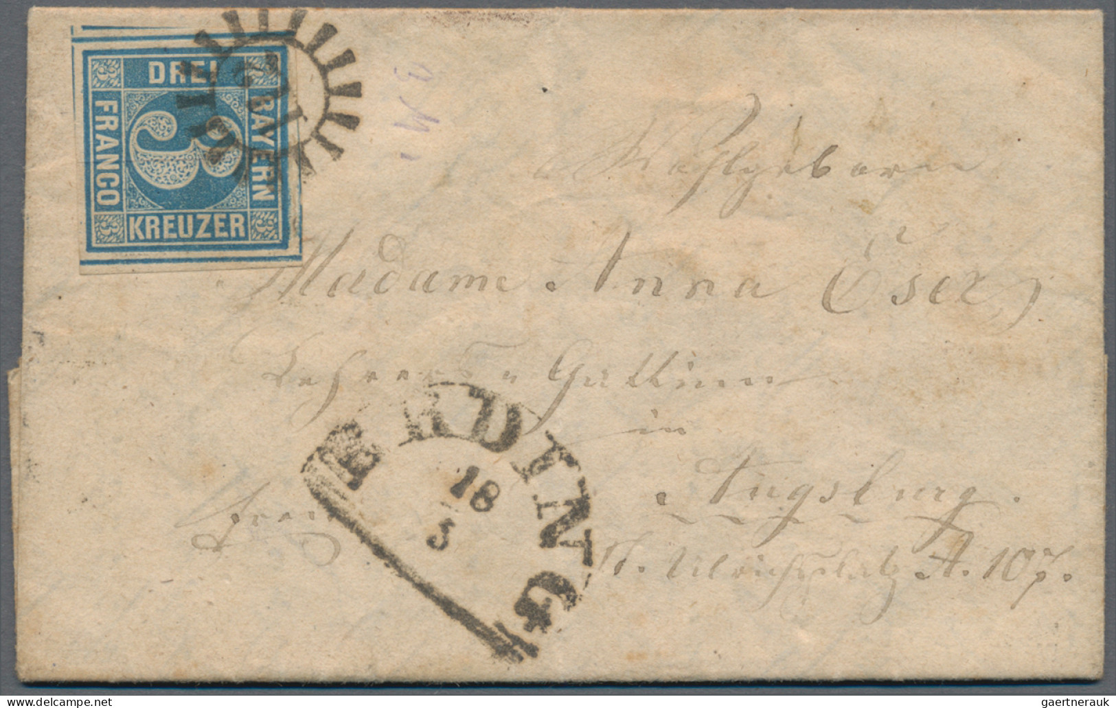 Bayern - Marken und Briefe: 1851/1860 (ca.), 3 Kr. blau (MiNr. 2 II), Partie von