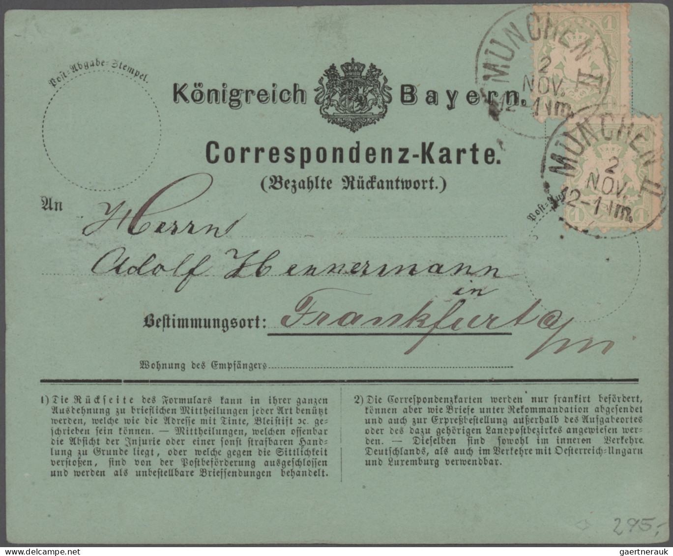 Bayern - Marken und Briefe: 1870/1876, Postkarten/"Correspondenz-Karten", spezia