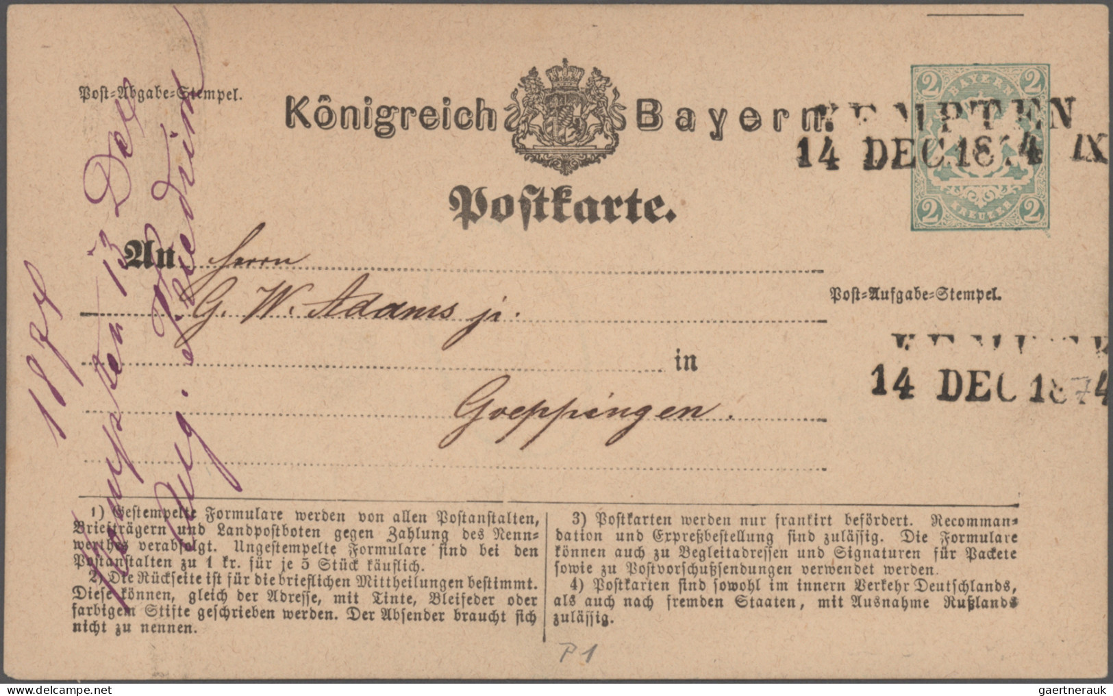 Bayern - Marken und Briefe: 1870/1876, Postkarten/"Correspondenz-Karten", spezia