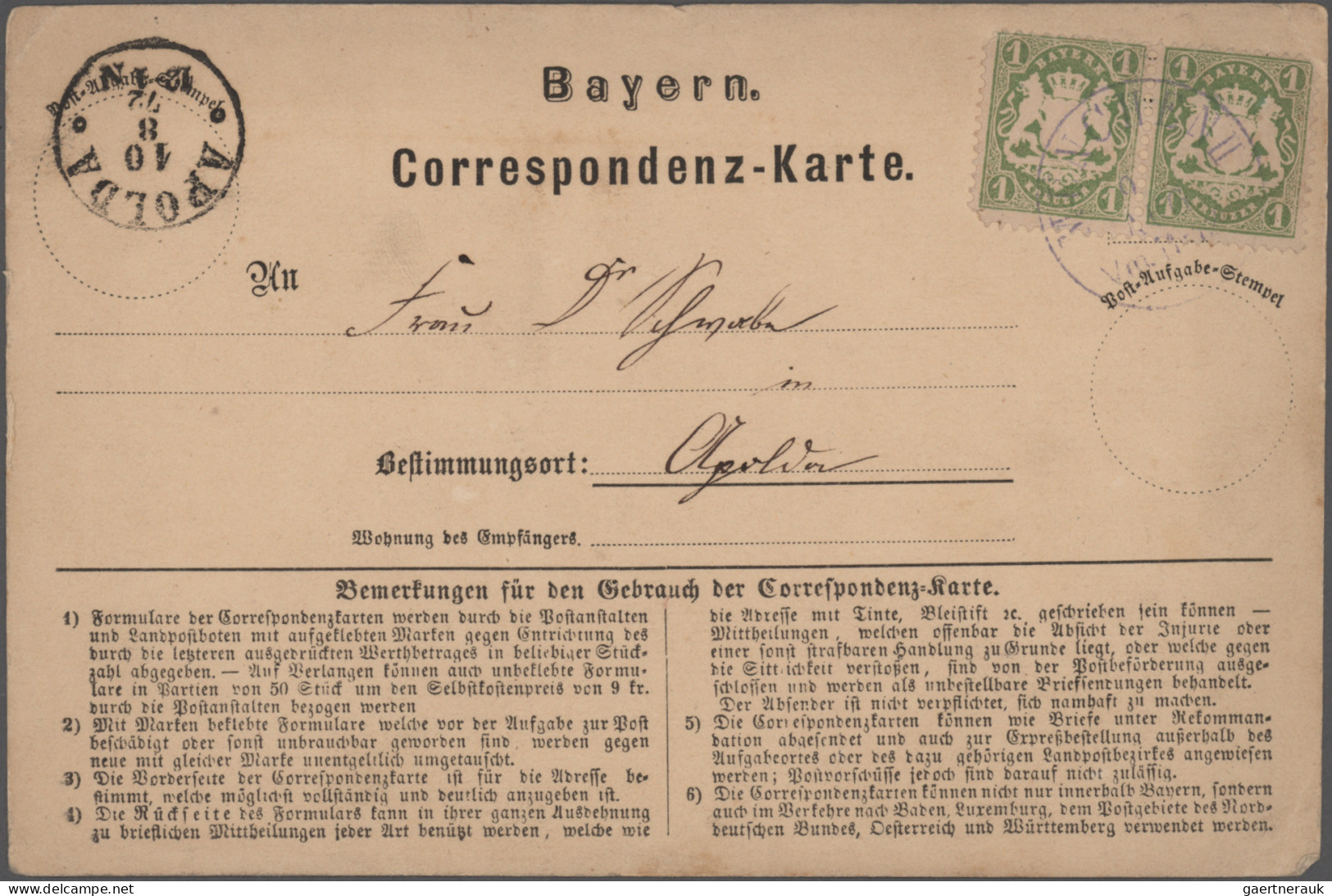 Bayern - Marken und Briefe: 1870/1876, Postkarten/"Correspondenz-Karten", spezia