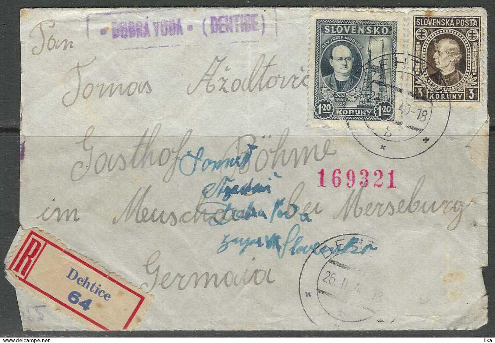 Cover - Dehtice, Dobră Voda. Slovensko Afg./Obl. 26/02/1940 >>Meuschau Bei Merseburg - Censure/Geöffnet. - Covers & Documents