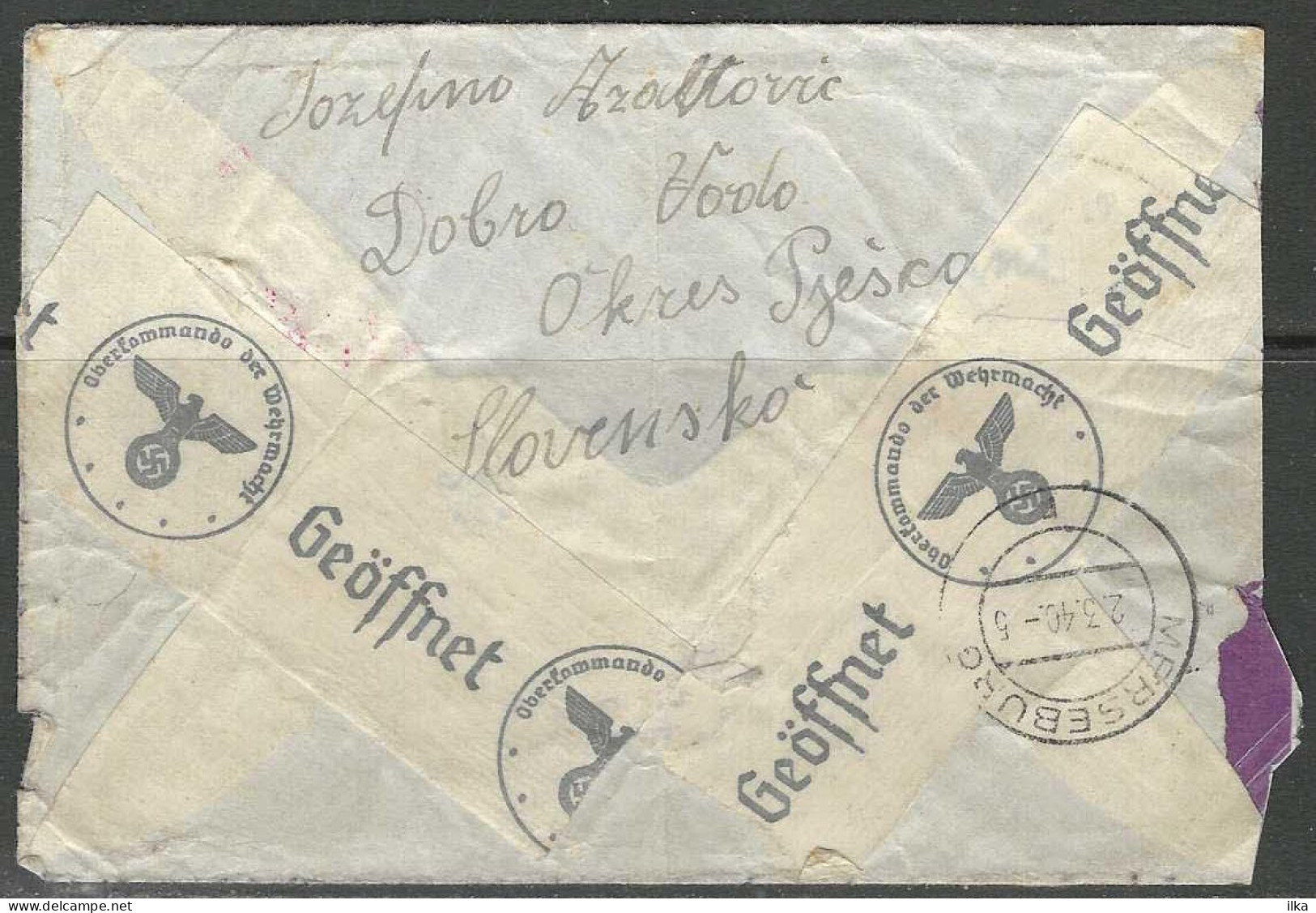 Cover - Dehtice, Dobră Voda. Slovensko Afg./Obl. 26/02/1940 >>Meuschau Bei Merseburg - Censure/Geöffnet. - Cartas & Documentos