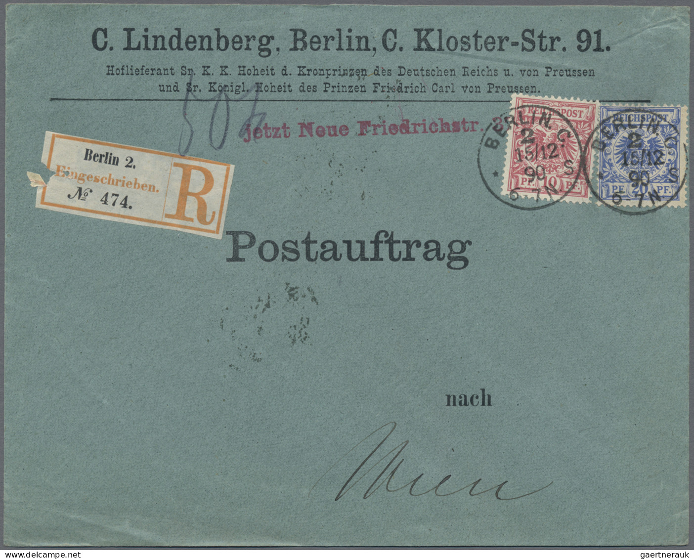 Deutsches Reich - Krone / Adler: 1890, Fünf Postaufträge Nach Wien, Teils Etwas - Colecciones