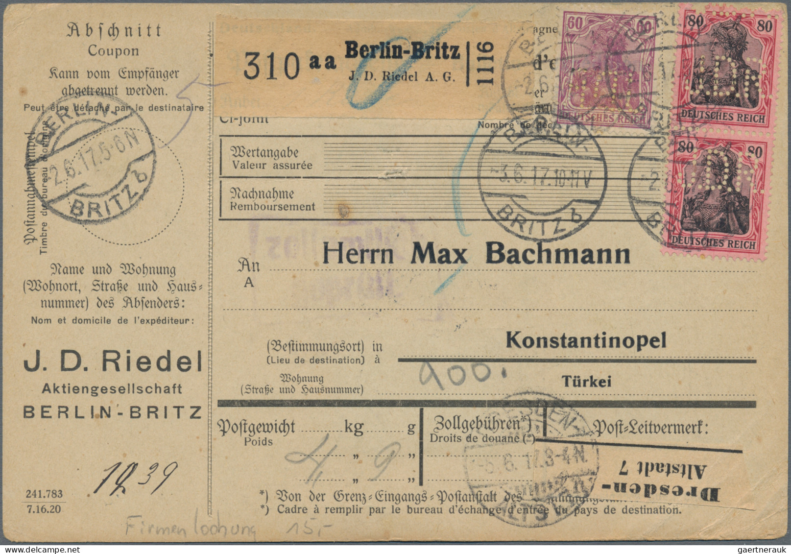 Deutsches Reich - Germania: 1910-1922 (ca), Germania-Ausgaben, Firmenlochungen,