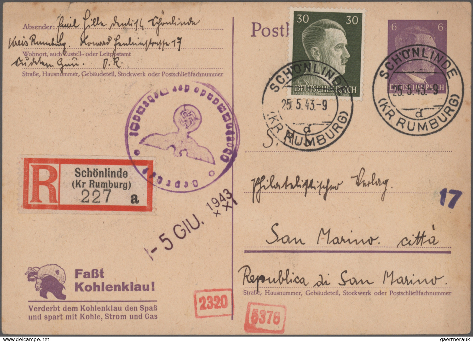 Deutsches Reich - 3. Reich: 1943/1945, Destination San Marino/Italien, Partie Vo - Lettres & Documents