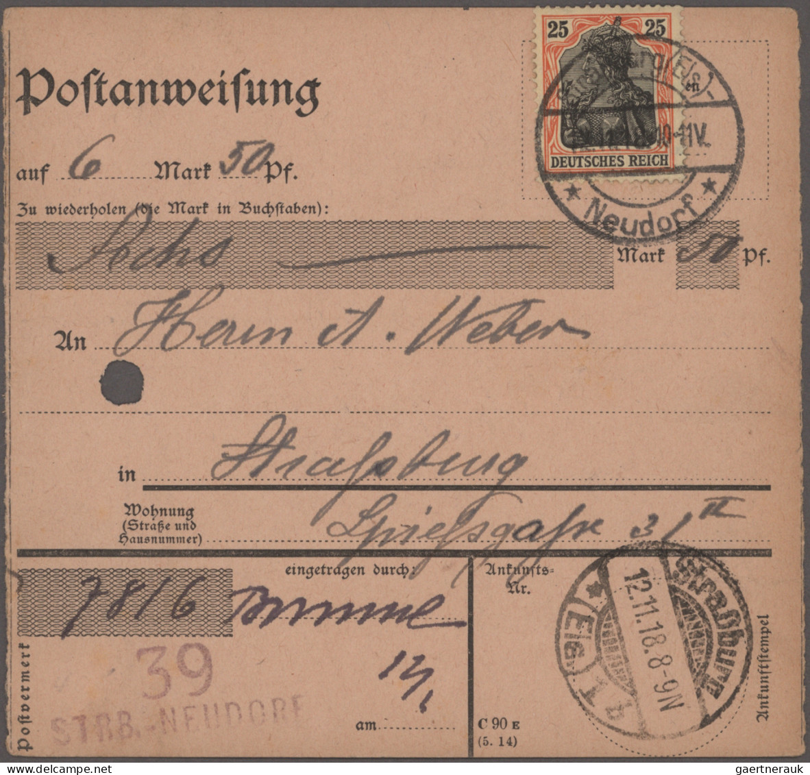 Deutsches Reich - Ganzsachen: 1918, Straßburg 4.11.-30.11., Partie Von Sieben Po - Other & Unclassified