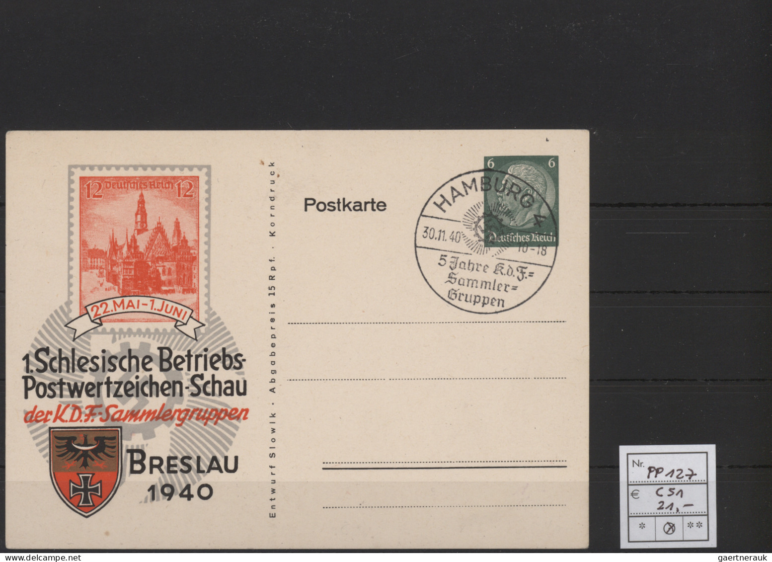 Deutsches Reich - Privatganzsachen: 1935/1940, Privatganzsachenkarte 6 Pfg. Hind
