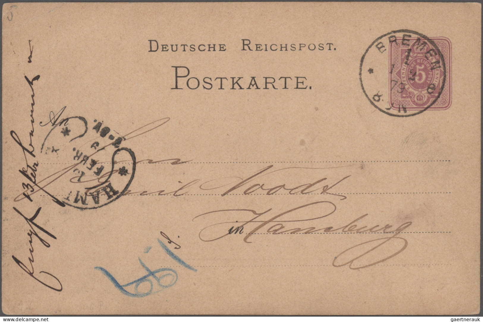 Deutsches Reich - Hufeisenstempel: 1874/1879, HAMBURG, Sieben Eingehende Karten - Machines à Affranchir (EMA)