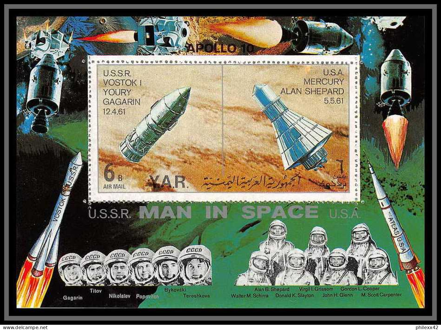 Nord Yemen YAR - 3503/ Bloc N°104 A Space Flights 1969 Vostok 1 Gagarin Mercury Shepard ** MNH Espace (space) - Yémen
