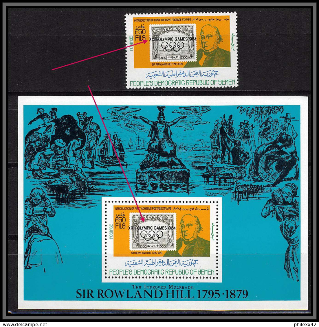 South Yemen PDR 6005a Bloc A 22 + 244 Rowland Hill Overprint Jeux Olympiques Olympic Games 1984 Angeles ** MNH Cote 100 - Yémen