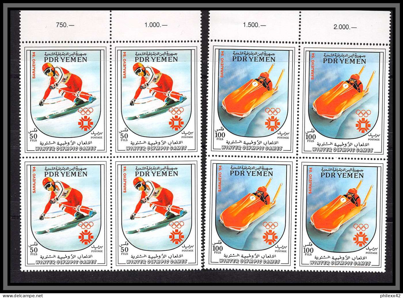 South Yemen PDR 6009b N°343/344 Bob Ski Sarajavo 1984 ** MNH Jeux Olympiques (olympic Games) Bloc 4 - Yémen