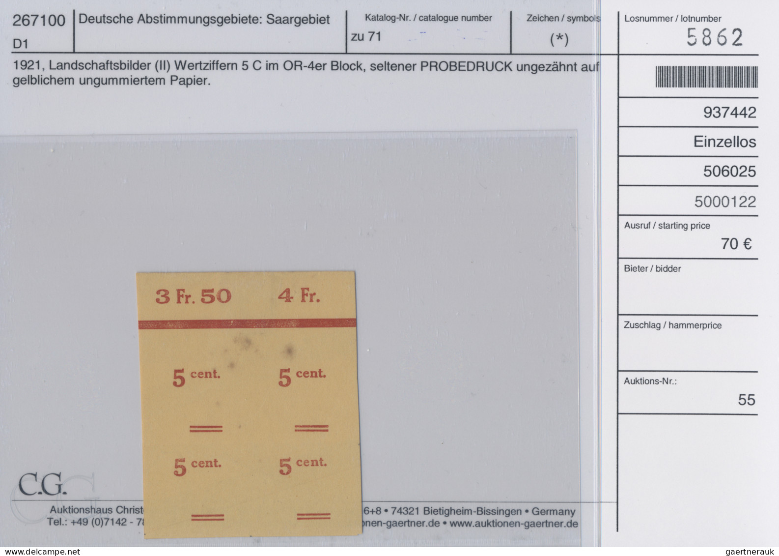 Deutsche Abstimmungsgebiete: Saargebiet: 1921, Landschaften I 50 Pf Tiefschwarz - Ungebraucht