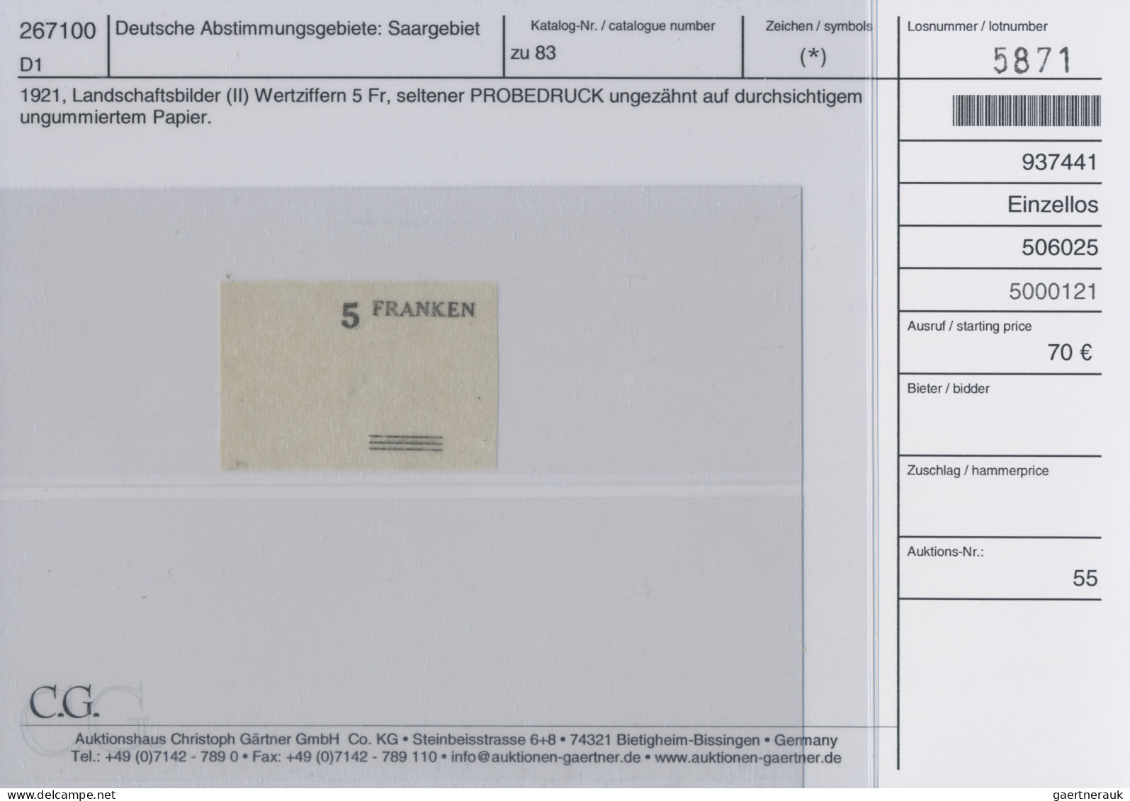 Deutsche Abstimmungsgebiete: Saargebiet: 1921, Landschaften I 50 Pf Tiefschwarz - Neufs