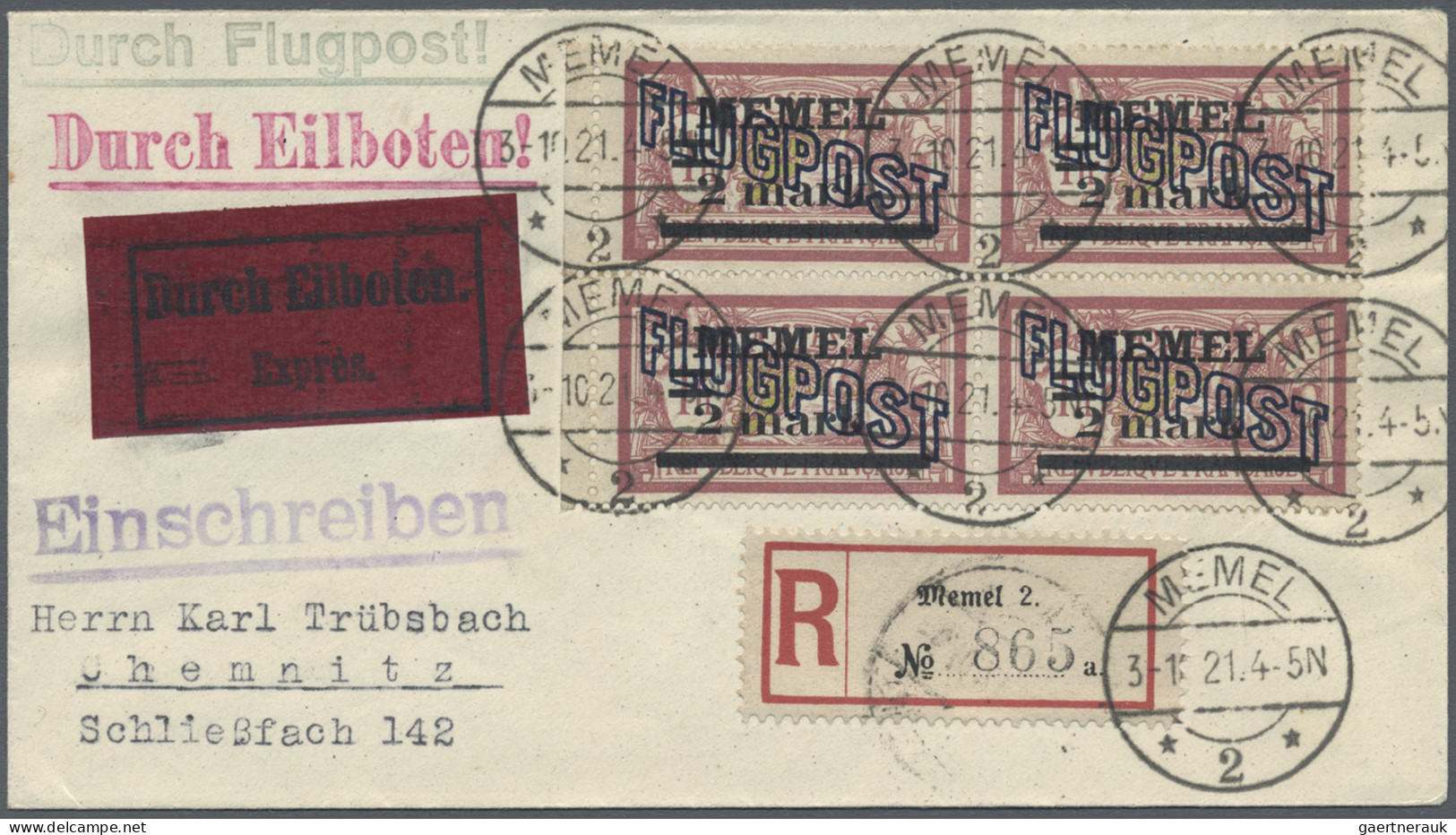 Memel: 1921/1939, Lot Von Neun Belegen, Dabei Sechs Trübsbach-Briefe, MiNr. 32 A - Memel (Klaipeda) 1923