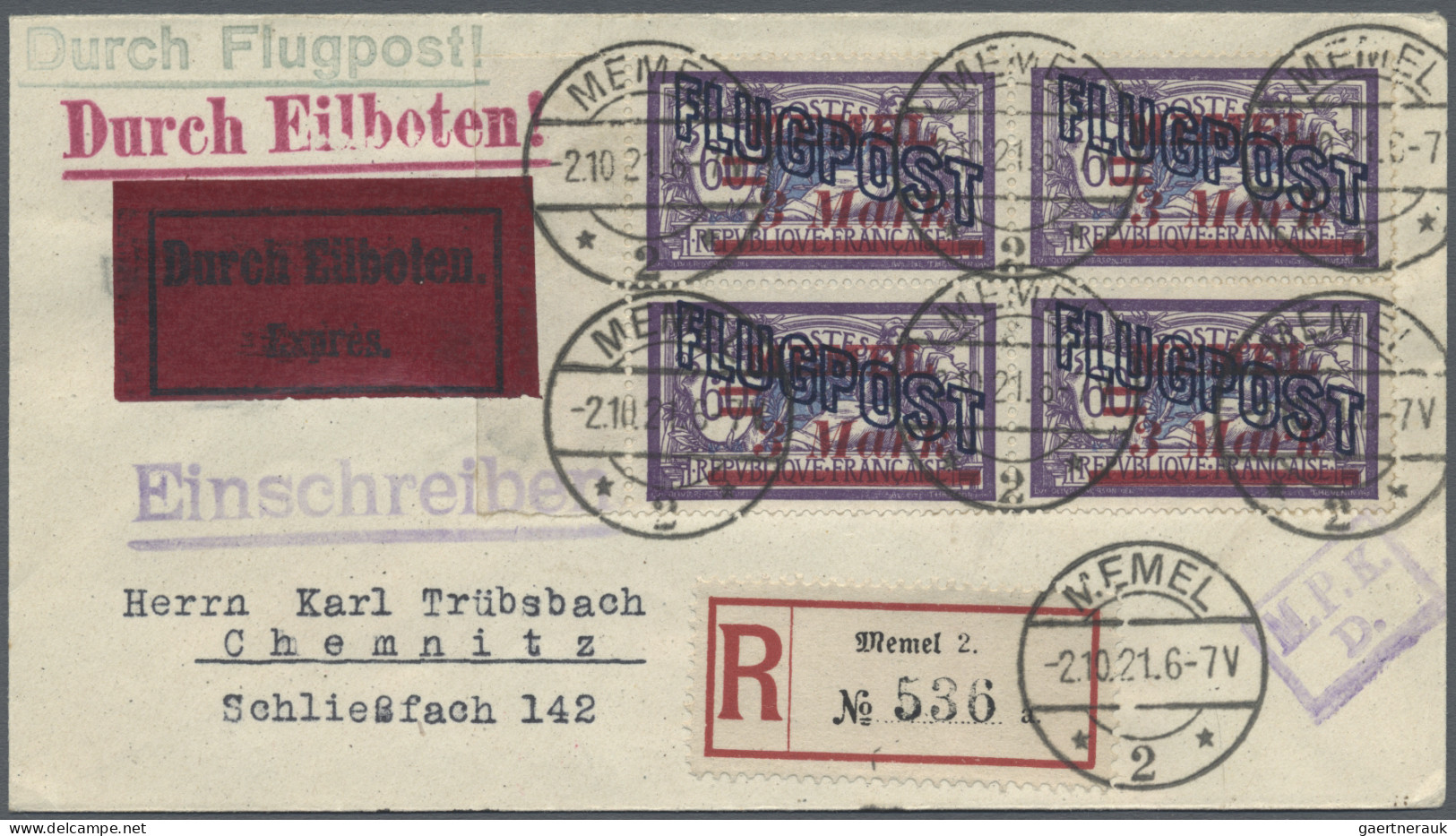 Memel: 1921/1939, Lot Von Neun Belegen, Dabei Sechs Trübsbach-Briefe, MiNr. 32 A - Memel (Klaipeda) 1923