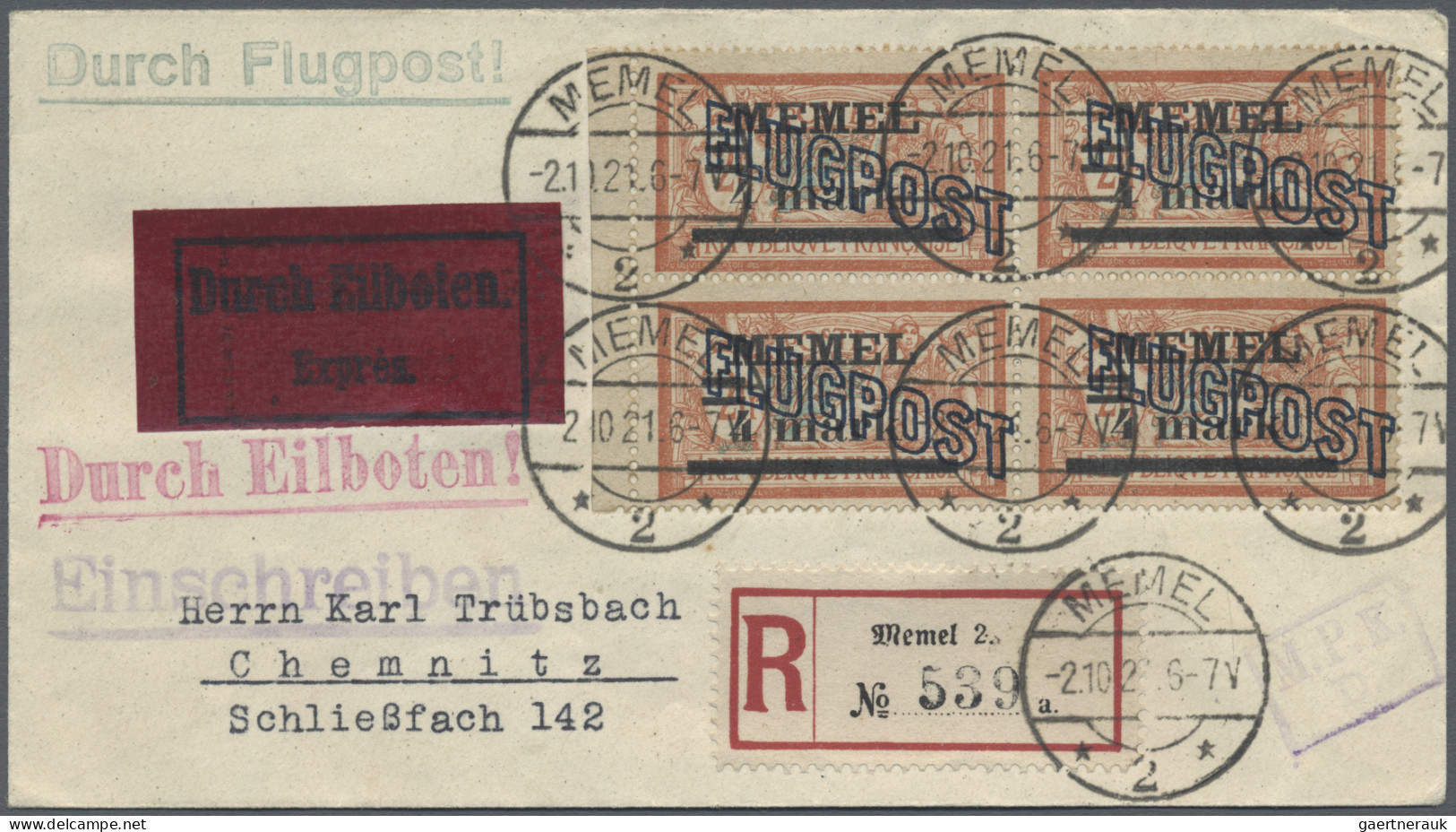 Memel: 1921/1939, Lot Von Neun Belegen, Dabei Sechs Trübsbach-Briefe, MiNr. 32 A - Memelgebiet 1923