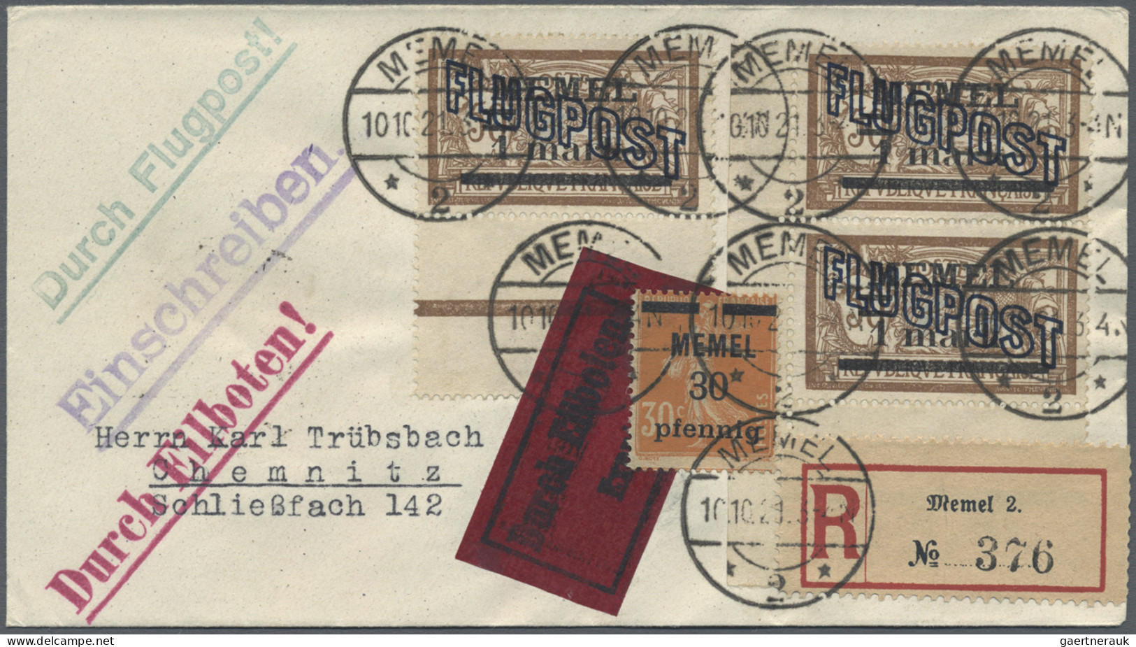 Memel: 1921/1939, Lot Von Neun Belegen, Dabei Sechs Trübsbach-Briefe, MiNr. 32 A - Memelland 1923