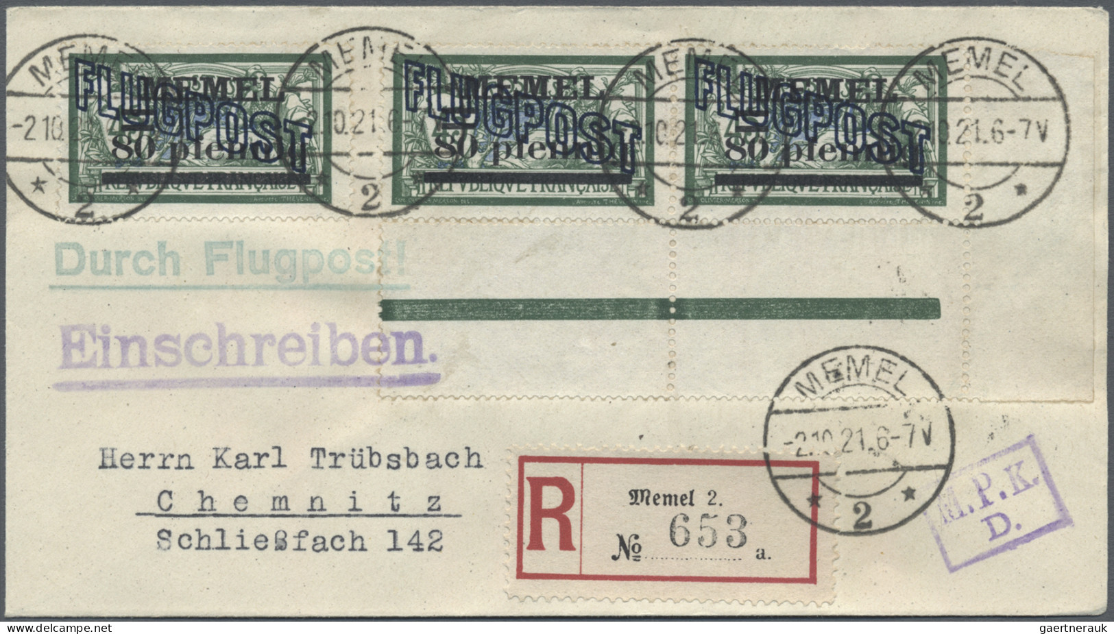 Memel: 1921/1939, Lot von neun Belegen, dabei sechs Trübsbach-Briefe, MiNr. 32 a