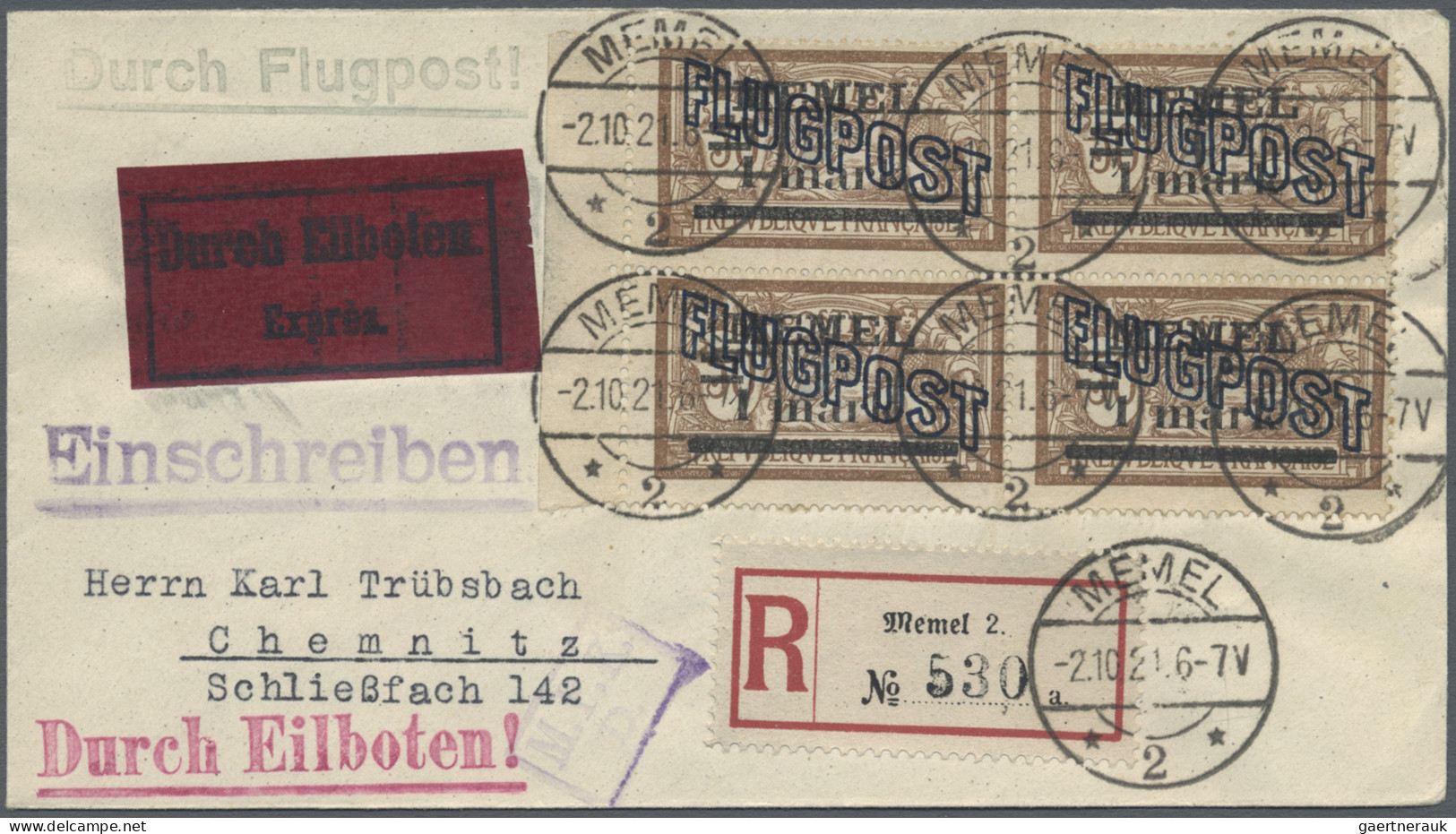 Memel: 1921/1939, Lot von neun Belegen, dabei sechs Trübsbach-Briefe, MiNr. 32 a