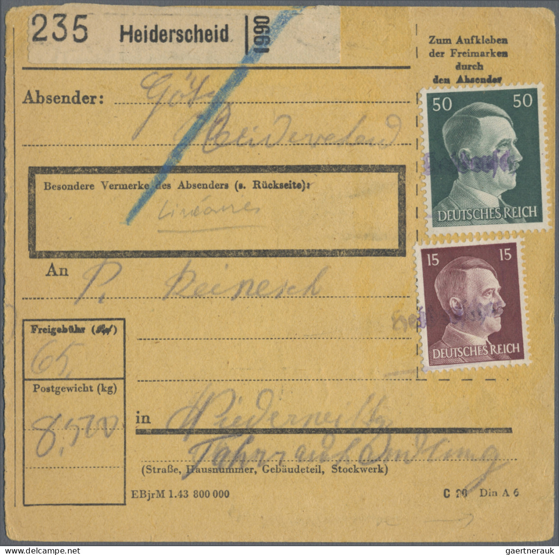 Dt. Besetzung II WK - Luxemburg: 1943/1944, Partie Von 24 Paketkartenstammteilen - Besetzungen 1938-45