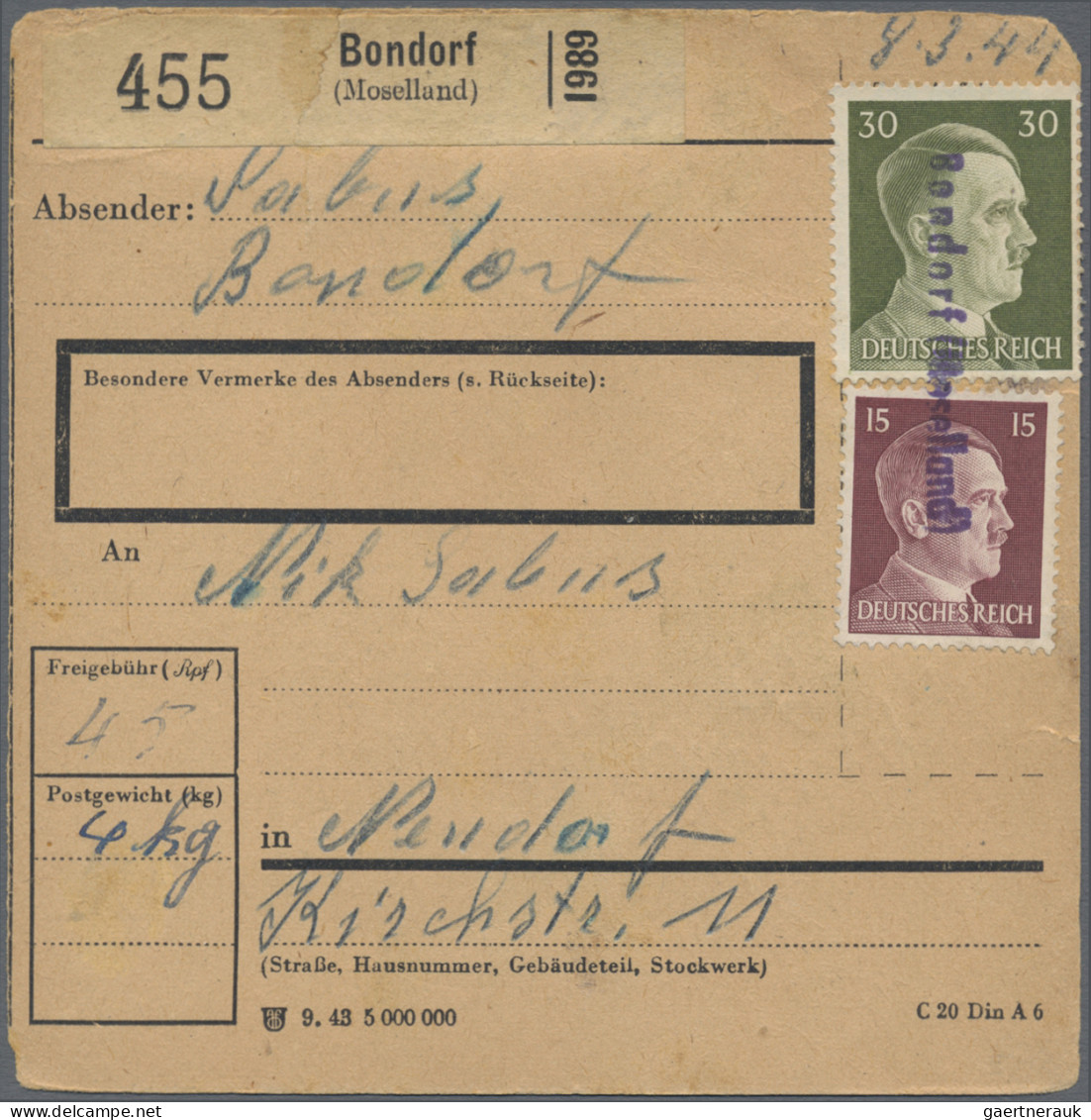 Dt. Besetzung II WK - Luxemburg: 1943/1944, Partie Von 24 Paketkartenstammteilen - Occupation 1938-45