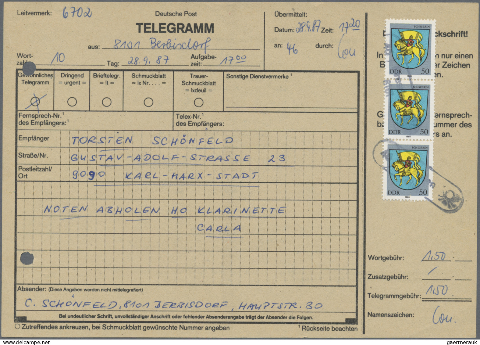 DDR: 1985/1987, Partie Von 31 Frankierten Telegrammen (Dauerserie Und Sondermark - Sammlungen