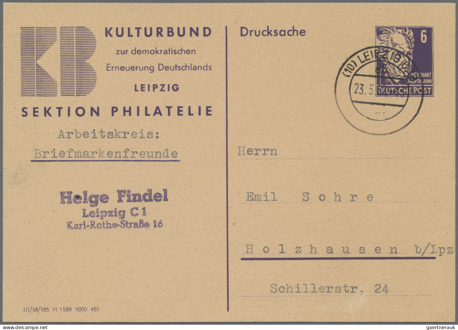 DDR - Privatganzsachen: 1951/1952, Privatganzsachenkarte 6 Pfg. Hauptmann (PP1), - Autres & Non Classés