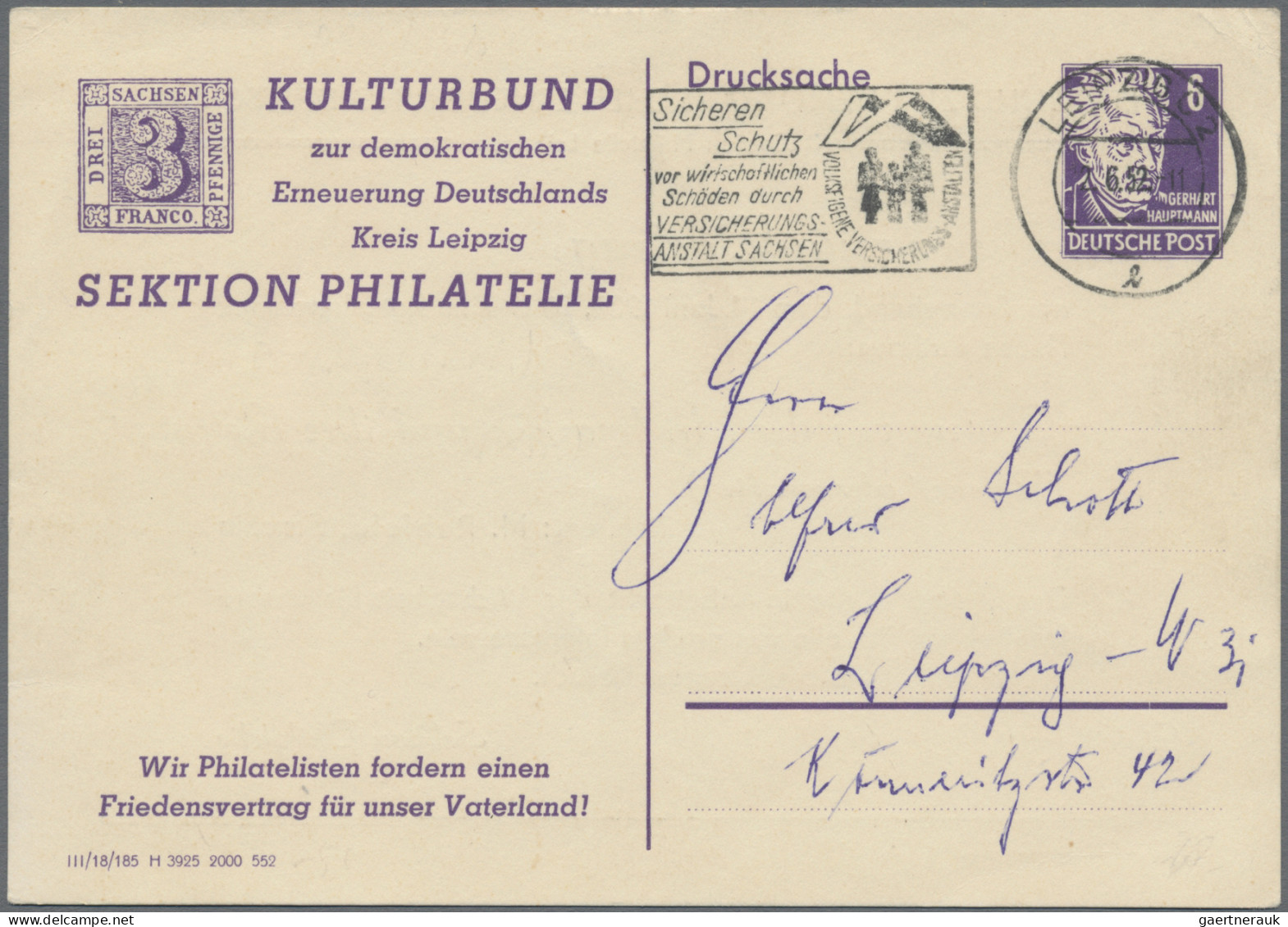 DDR - Privatganzsachen: 1951/1952, Privatganzsachenkarte 6 Pfg. Hauptmann (PP1), - Autres & Non Classés