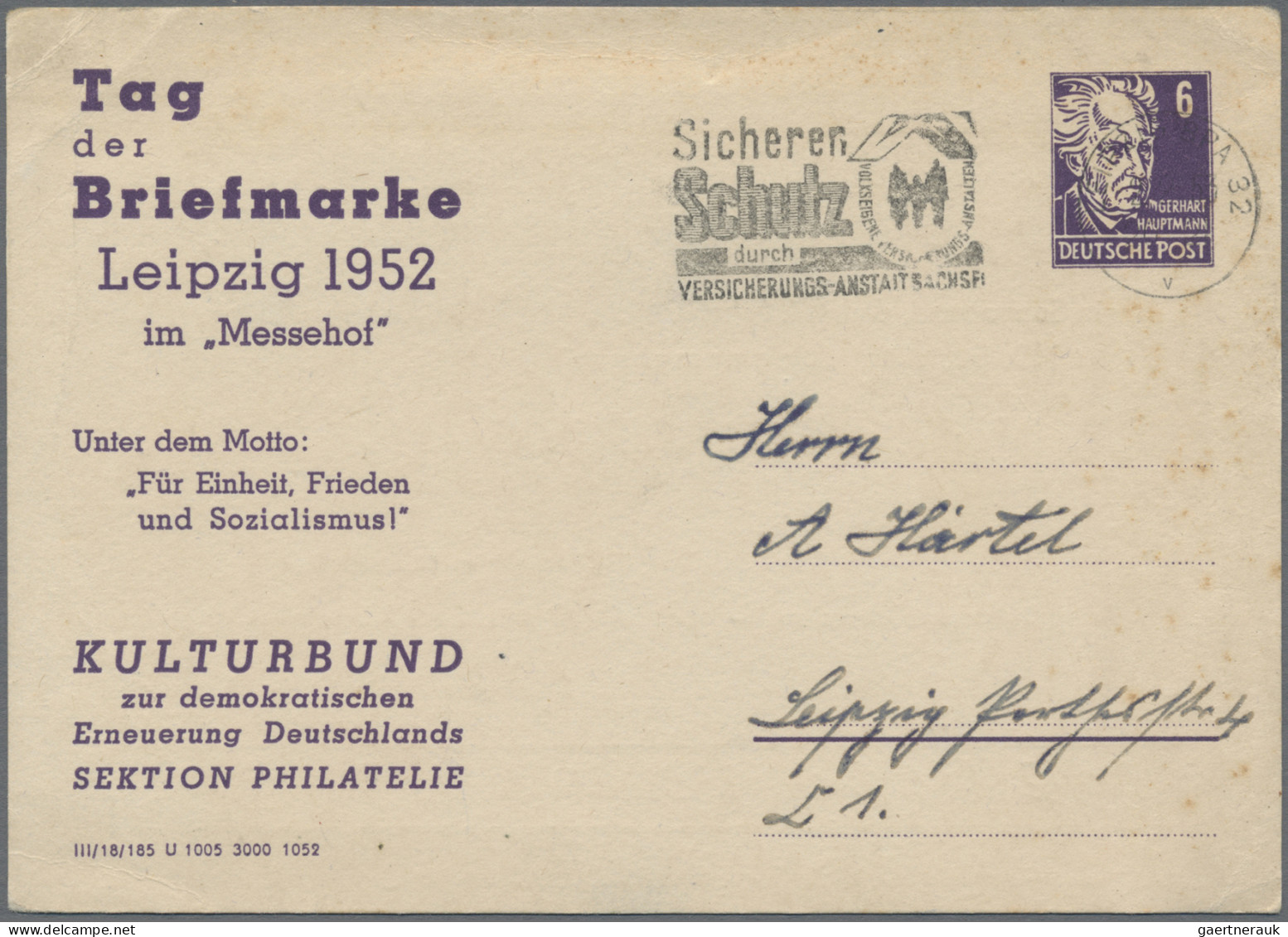 DDR - Privatganzsachen: 1951/1952, Privatganzsachenkarte 6 Pfg. Hauptmann (PP1), - Autres & Non Classés