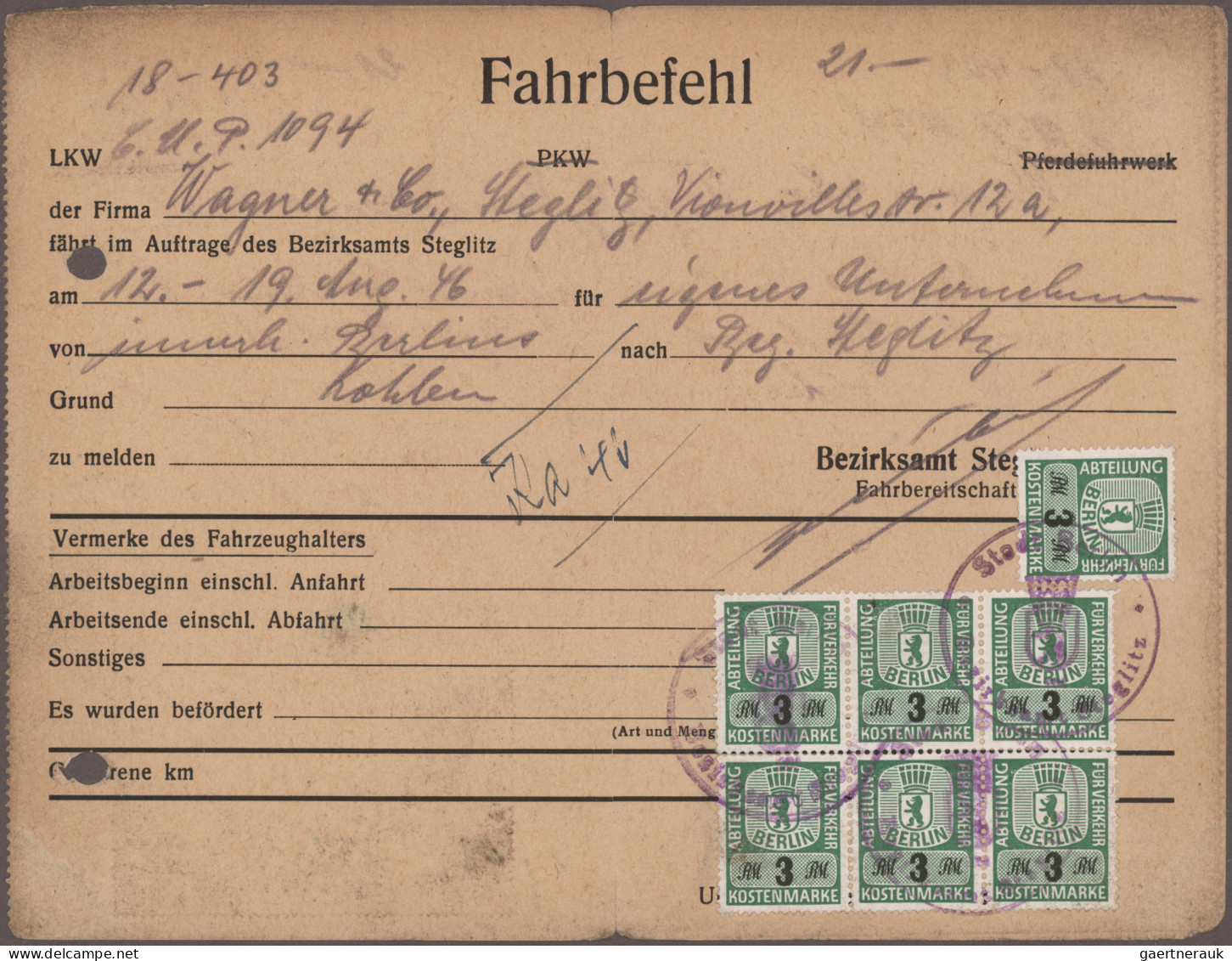 Berlin: 1947/1948, Fahrgenehmigung/Fahrbefehl/Fahranweisung, Partie Von 17 Mit F - Covers & Documents