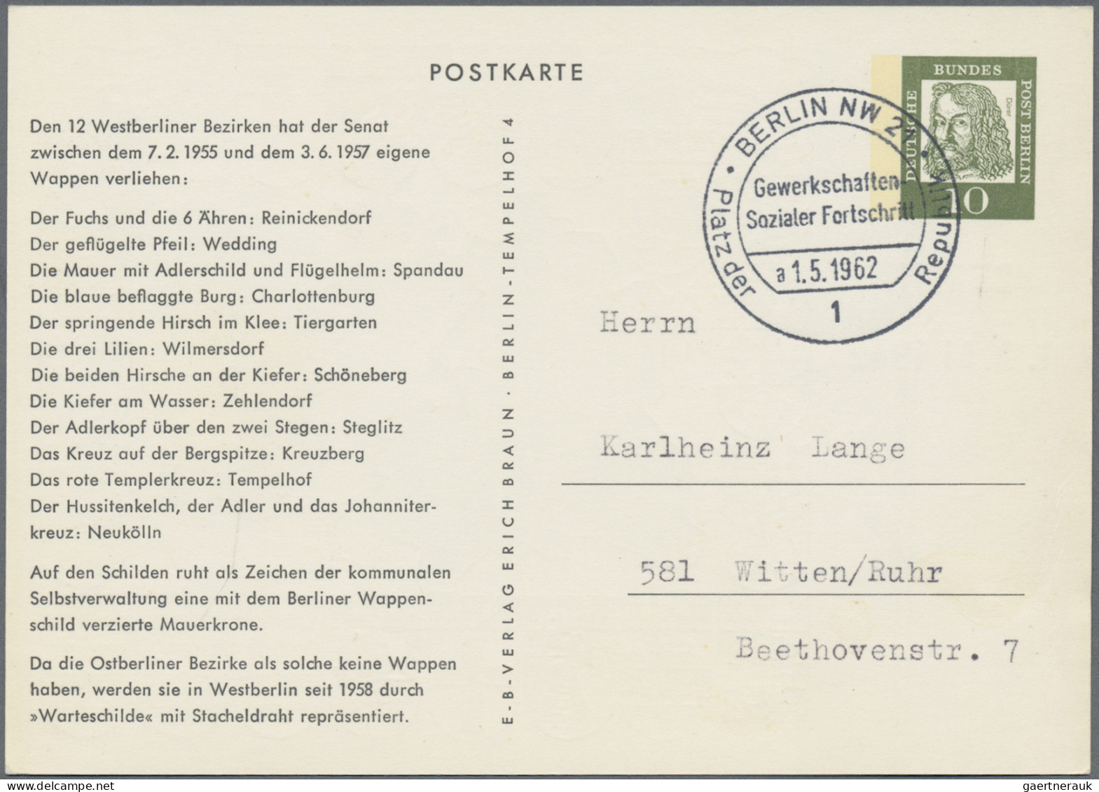 Berlin - Ganzsachen: 1949/1963, Partie Von Ca. 88 Gebrauchten Und Ungebrauchten - Other & Unclassified