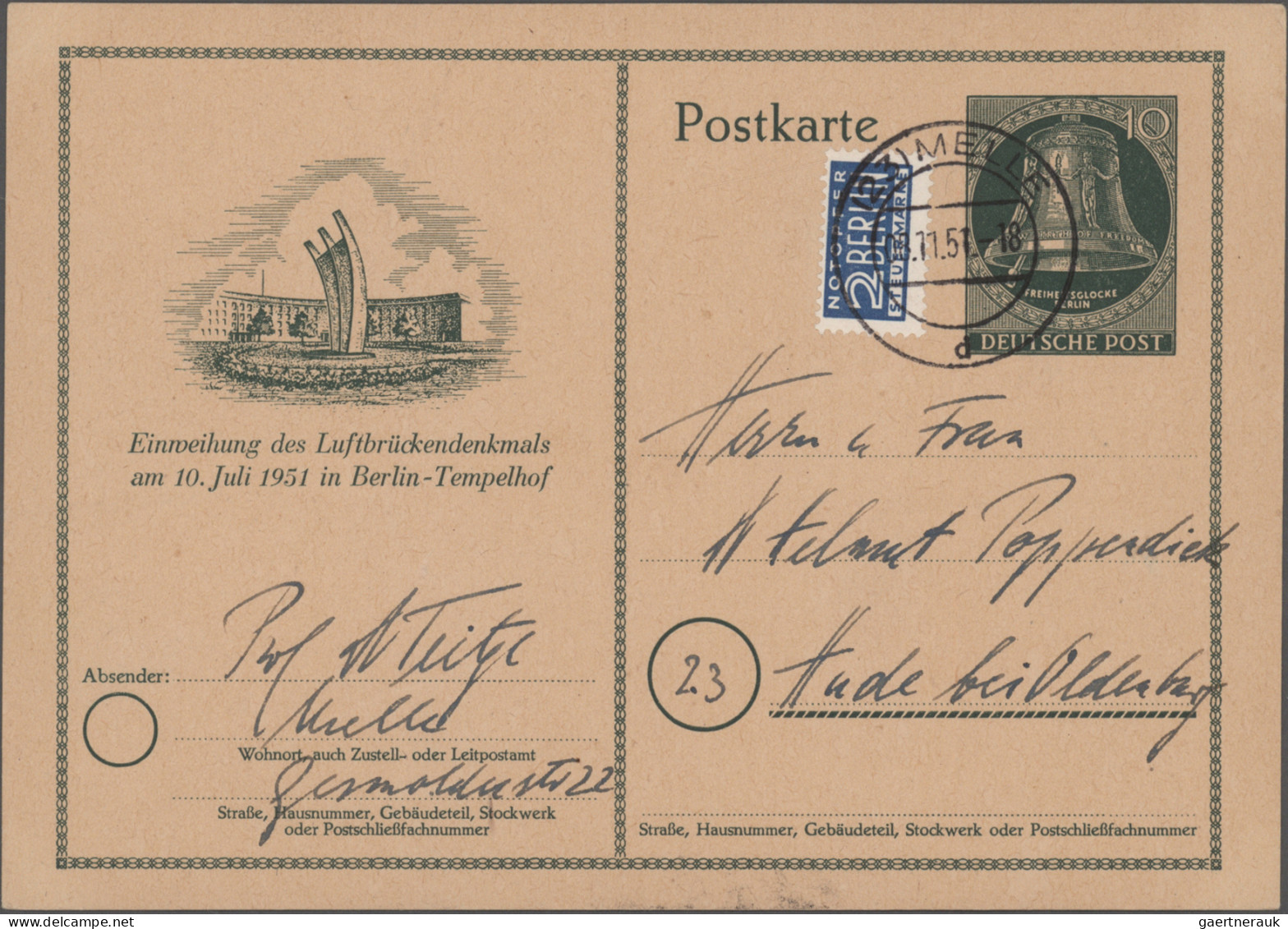 Berlin - Ganzsachen: 1950/1953, Sonder-Ganzsachenkarten, Partie Von Sechs Versch - Sonstige & Ohne Zuordnung