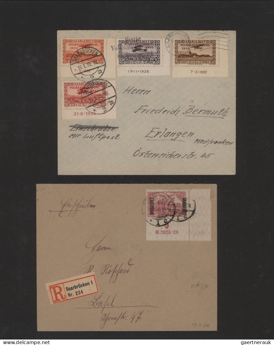 Saarland (1947/56): 1920/1959, Interessantes Lot Mit 16 Belegen Teils Frankiert - Briefe U. Dokumente