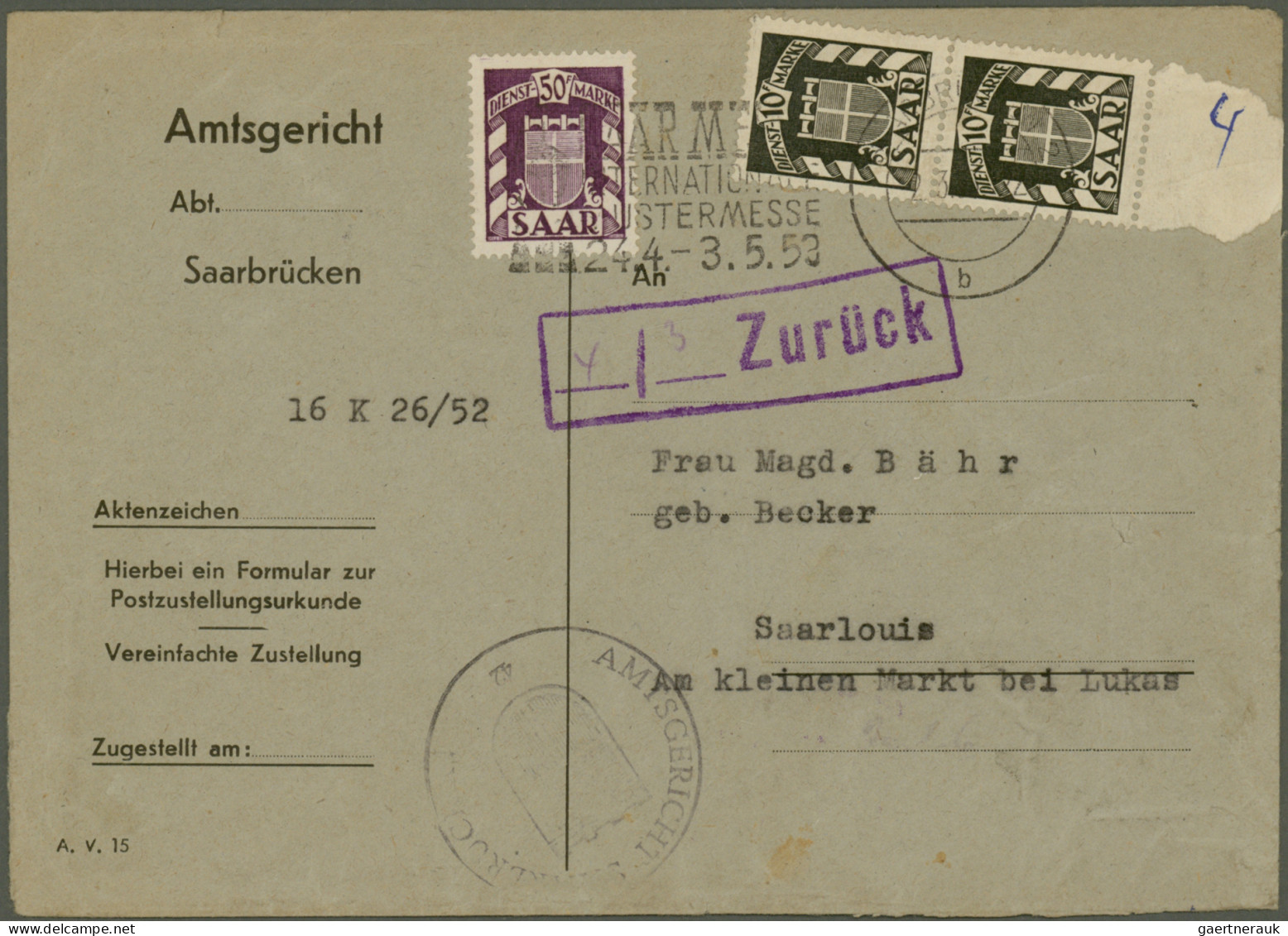 Saarland (1947/56): 1945/1958, Partie von 60 Bedarfs-Briefen/-Karten ab etwas Ge