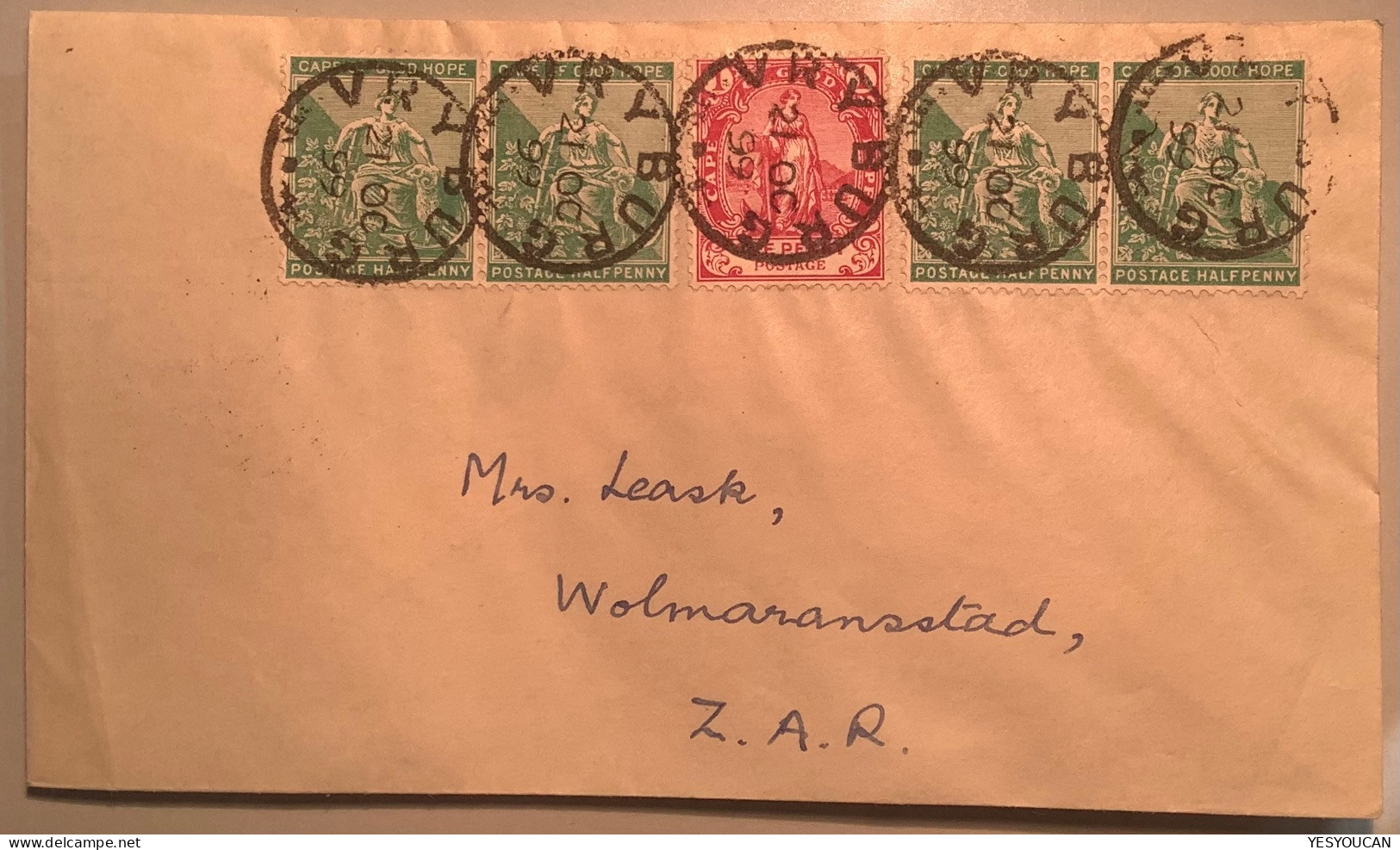 VRYBURG 21 OC 1899 First Day Cover Of Boer War Occupation With COGH Stamps>Wolmaransstad ZAR (FDC Cape Of Good Hope - Cape Of Good Hope (1853-1904)