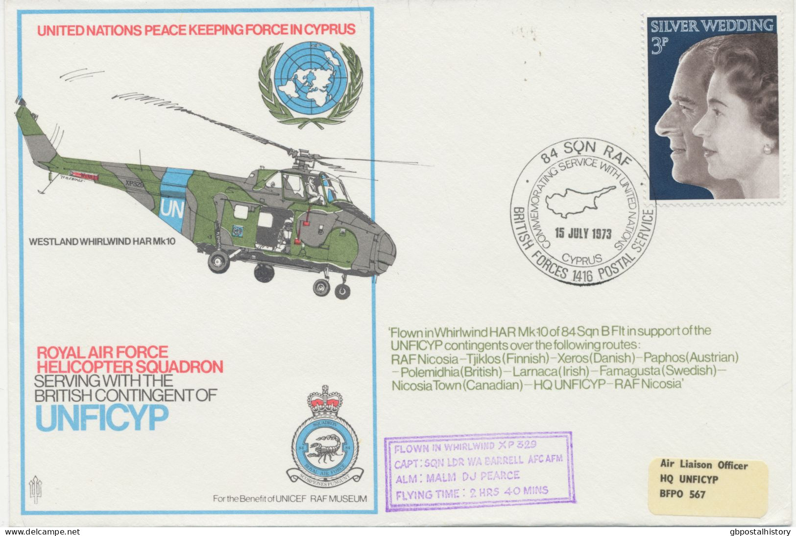 CYPRUS / UNITED NATIONS 15.7.1973, Special Helicopter Flight Cyprus Royal Air Force Flown In Whirlwind HAR Mk 10 Of 84 S - Covers & Documents