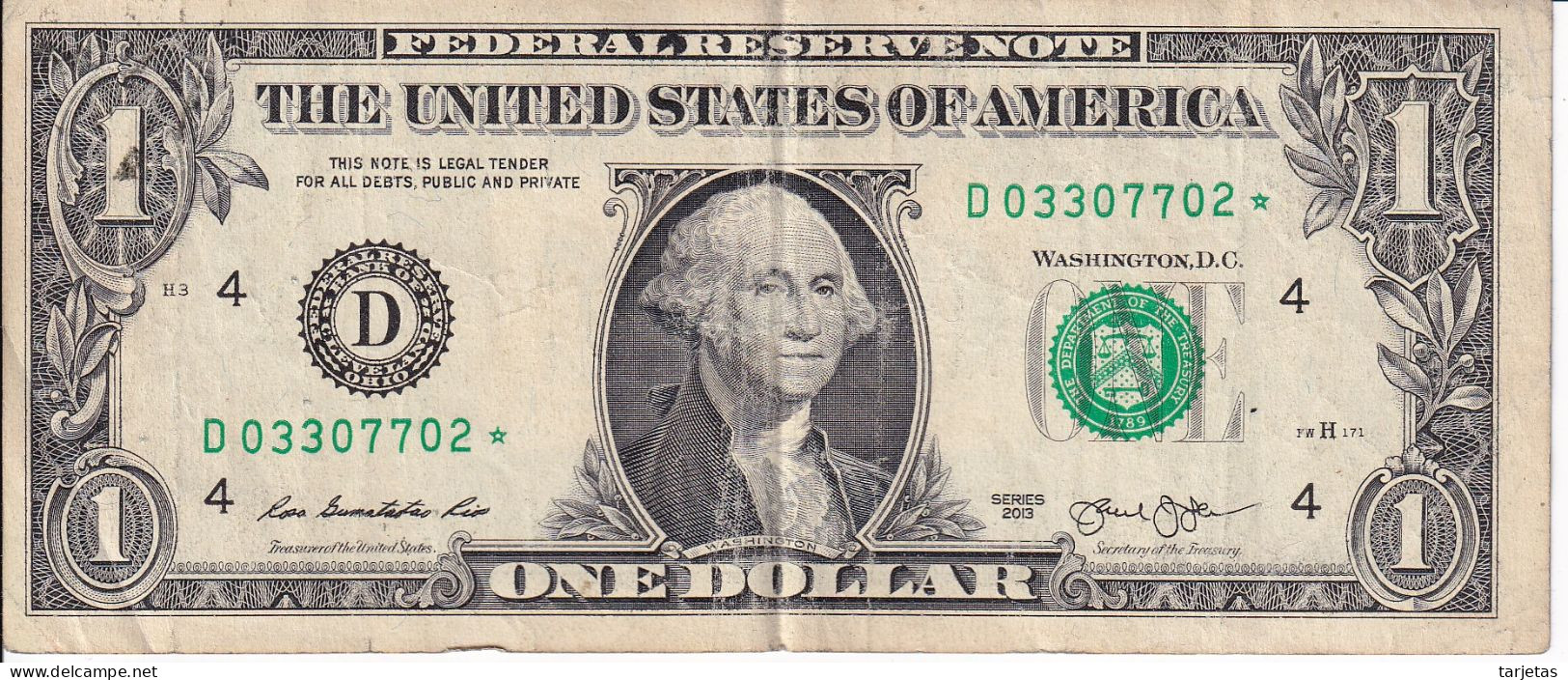 STAR - REPLACEMENT - BILLETE DE ESTADOS UNIDOS DE 1 DOLLAR DEL AÑO 2013 LETRA D CLEVELAND  (BANK NOTE) - Billetes De La Reserva Federal (1928-...)