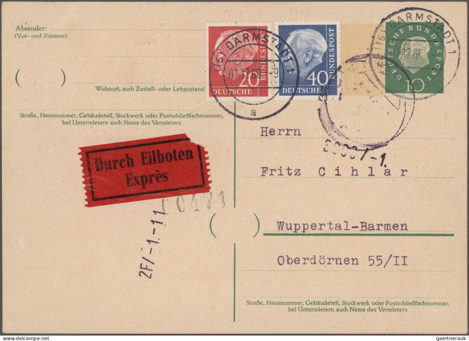 Bundesrepublik - Ganzsachen: 1959/1960, Heuss Medaillon, Vier Bedarfsgebrauchte - Other & Unclassified