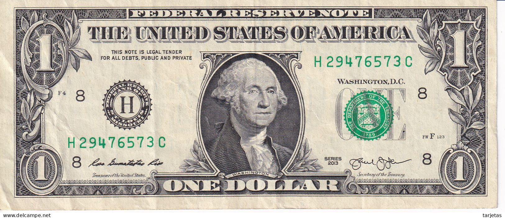 BILLETE DE ESTADOS UNIDOS DE 1 DOLLAR DEL AÑO 2013 LETRA H - ST. LOUIS  (BANK NOTE) - Federal Reserve Notes (1928-...)