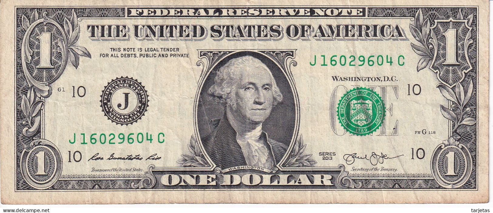 BILLETE DE ESTADOS UNIDOS DE 1 DOLLAR DEL AÑO 2013 LETRA J - KANSAS CITY  (BANK NOTE) - Biljetten Van De  Federal Reserve (1928-...)