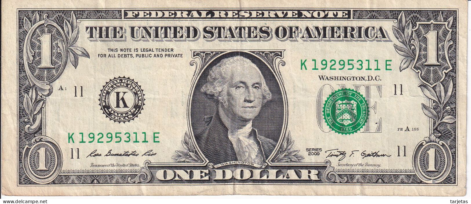 BILLETE DE ESTADOS UNIDOS DE 1 DOLLAR DEL AÑO 2009 LETRA K - DALLAS  (BANK NOTE) - Federal Reserve Notes (1928-...)