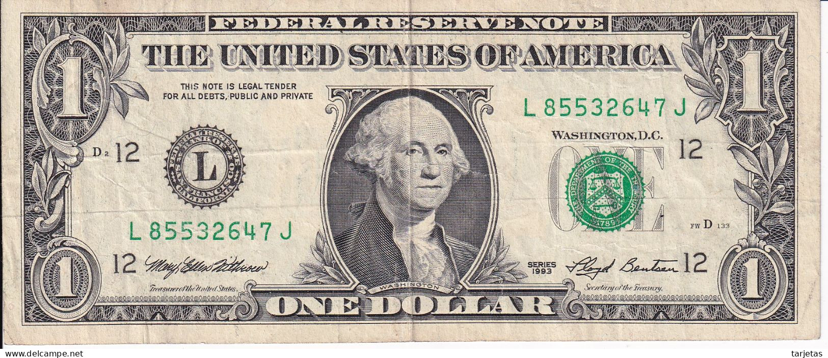 BILLETE DE ESTADOS UNIDOS DE 1 DOLLAR DEL AÑO 1993 LETRA L - SAN FRANCISCO  (BANKNOTE) - Federal Reserve (1928-...)