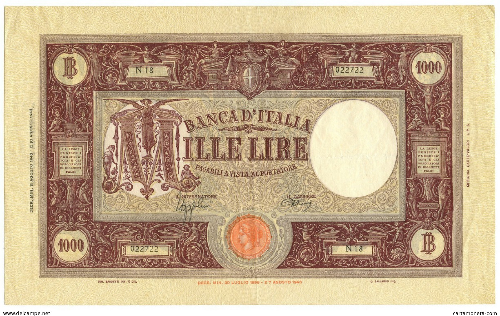 1000 LIRE BARBETTI GRANDE M TESTINA RETRO BI 11/08/1943 BB+ - Regno D'Italia – Other